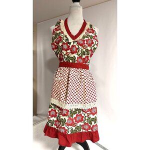 Simply Envogue Red Floral & Polka Dot Apron Lace Trim Cottagecore Grannycore‎